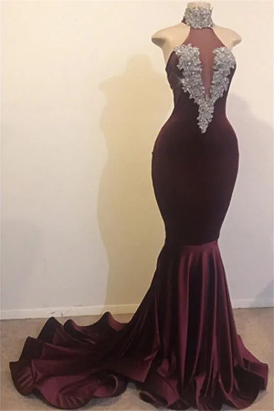 High Neck Backless Brush Train Mermaid Sequins Prom Dress