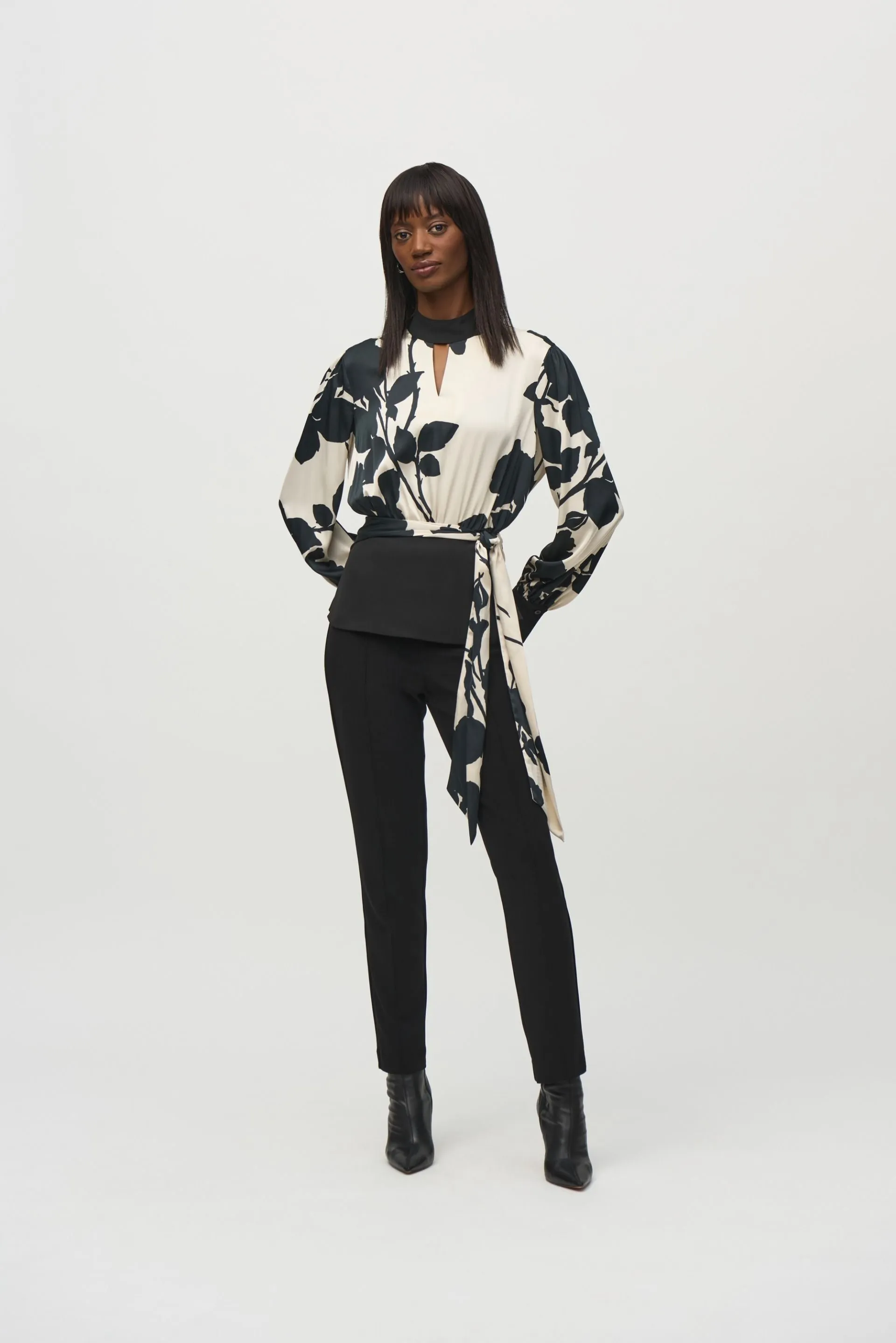 Joseph Ribkoff Black/Moonstone Floral Satin Peplum Top 244942
