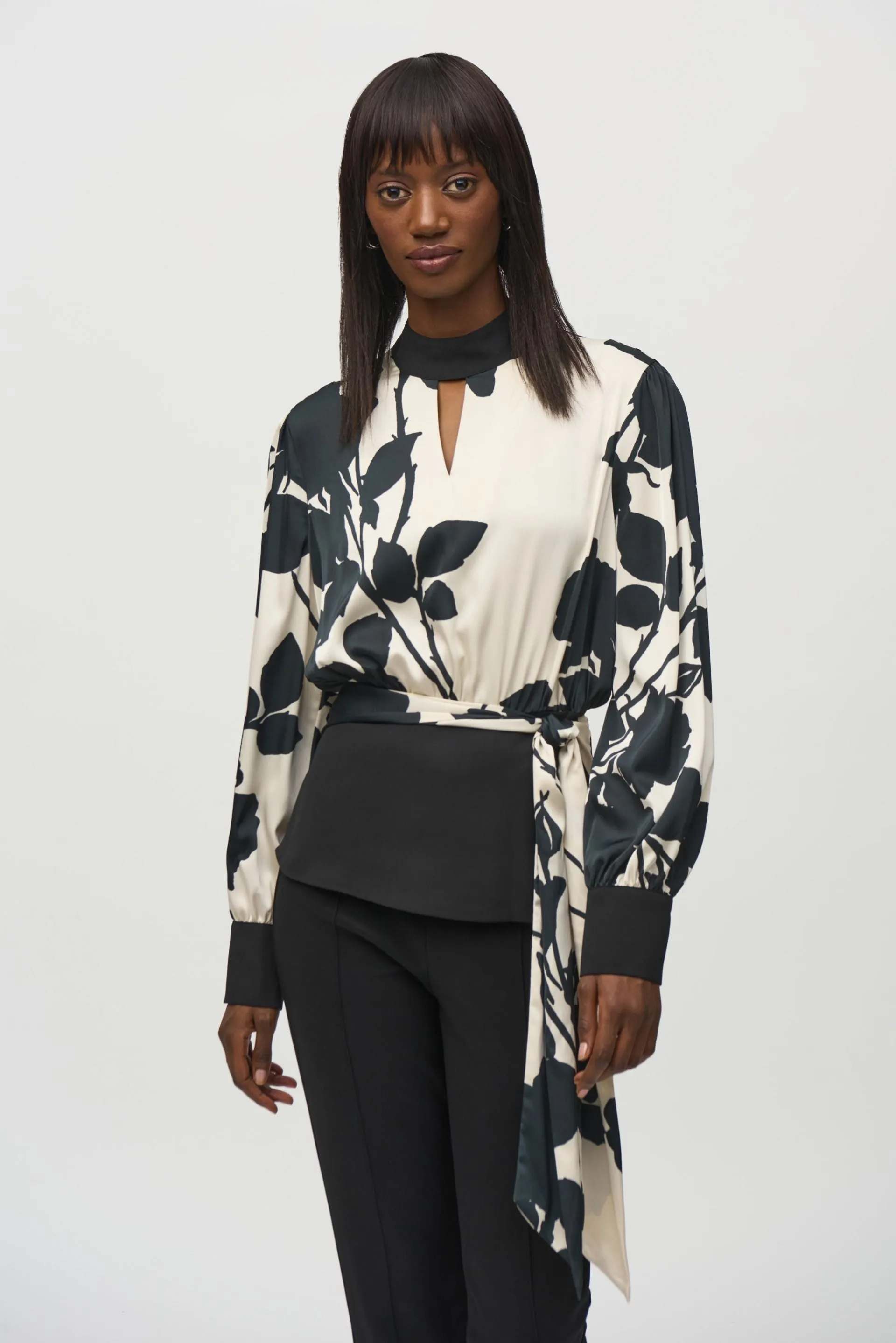 Joseph Ribkoff Black/Moonstone Floral Satin Peplum Top 244942