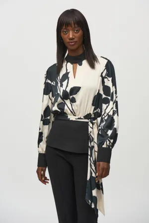 Joseph Ribkoff Black/Moonstone Floral Satin Peplum Top 244942