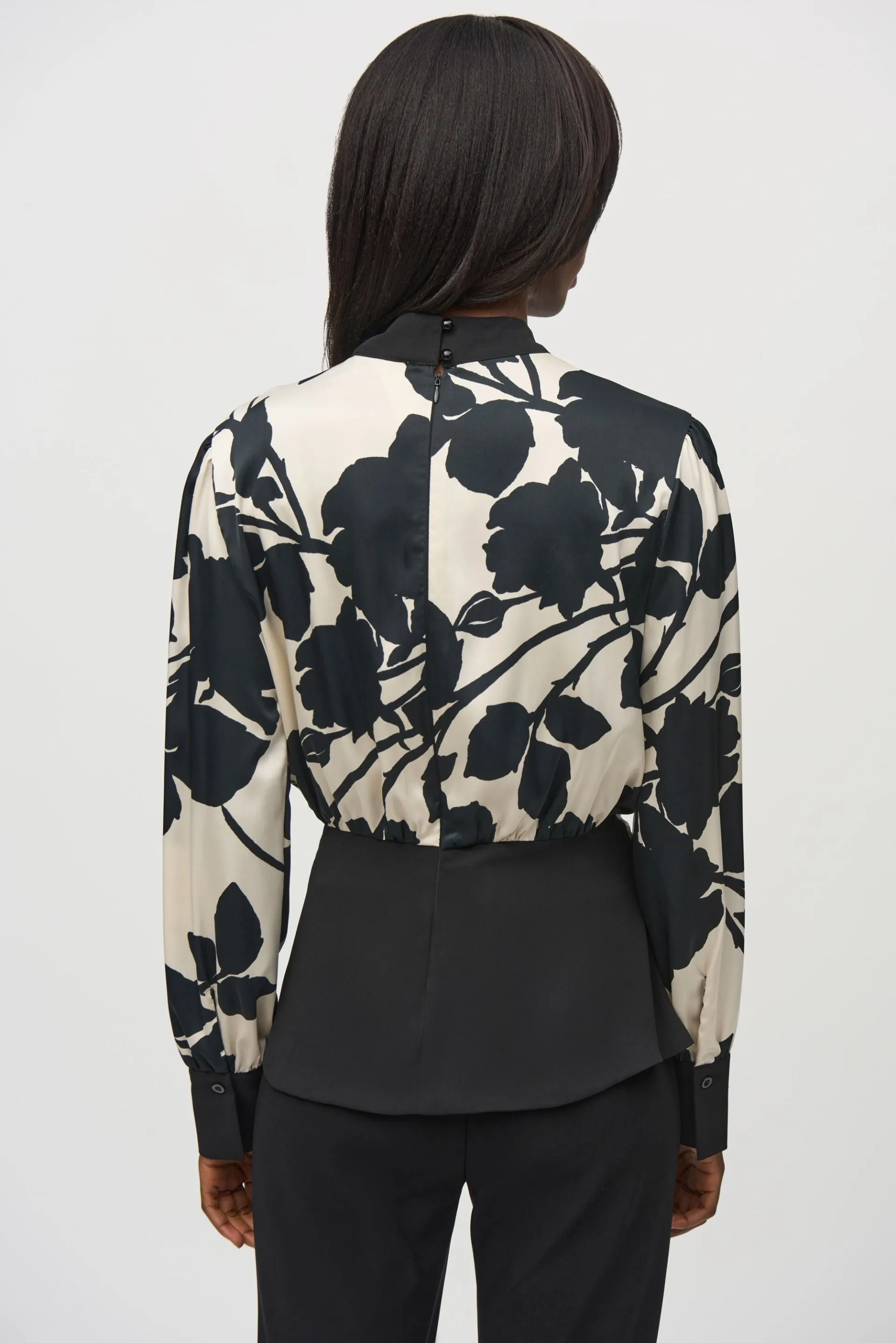 Joseph Ribkoff Black/Moonstone Floral Satin Peplum Top 244942