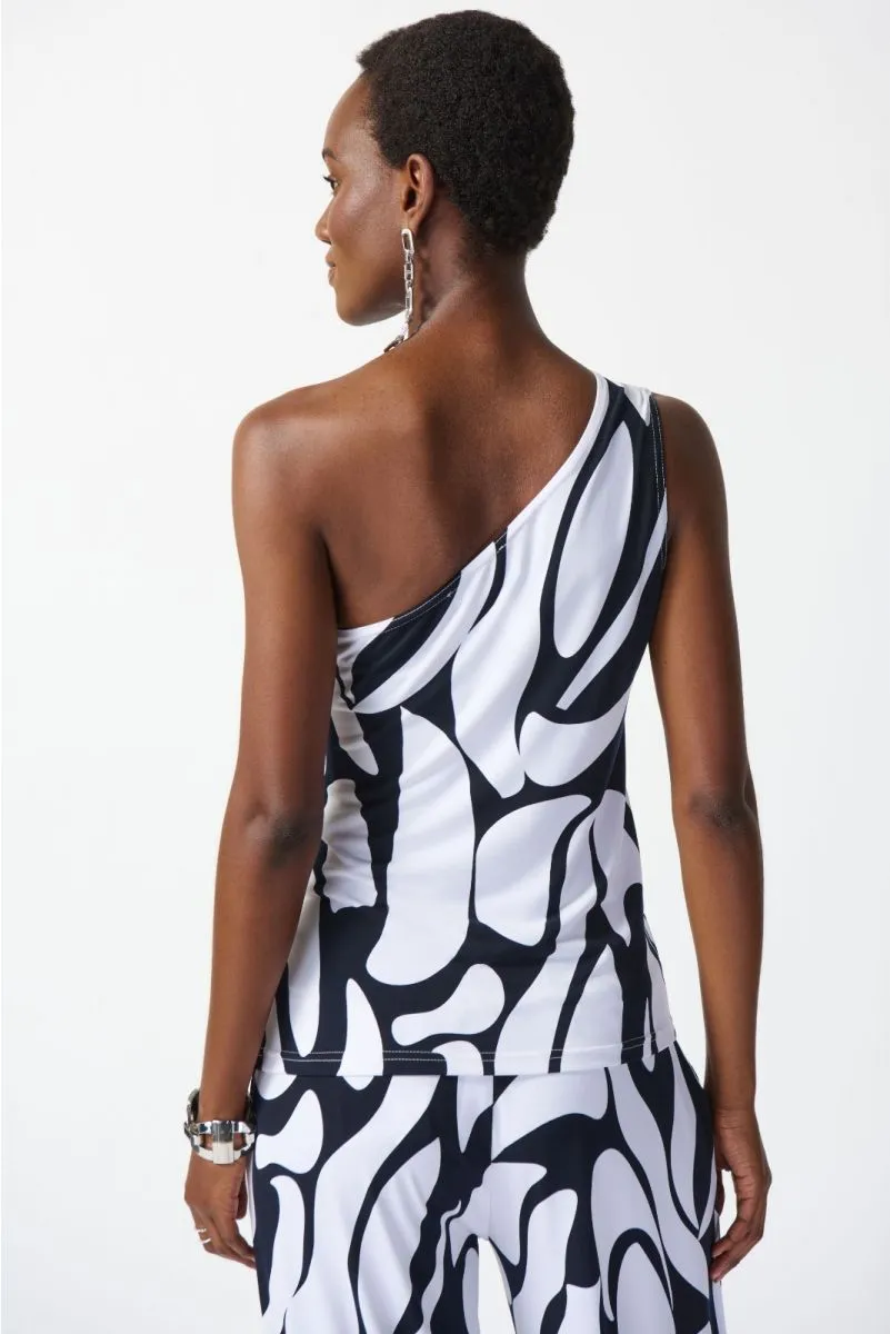 Joseph Ribkoff Midnight Blue/Vanilla Geometric Print One-Shoulder Fitted Top 242108