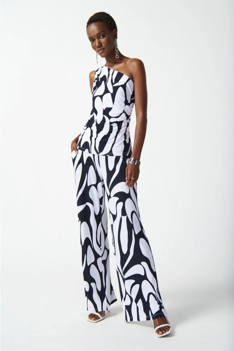 Joseph Ribkoff Midnight Blue/Vanilla Geometric Print One-Shoulder Fitted Top 242108