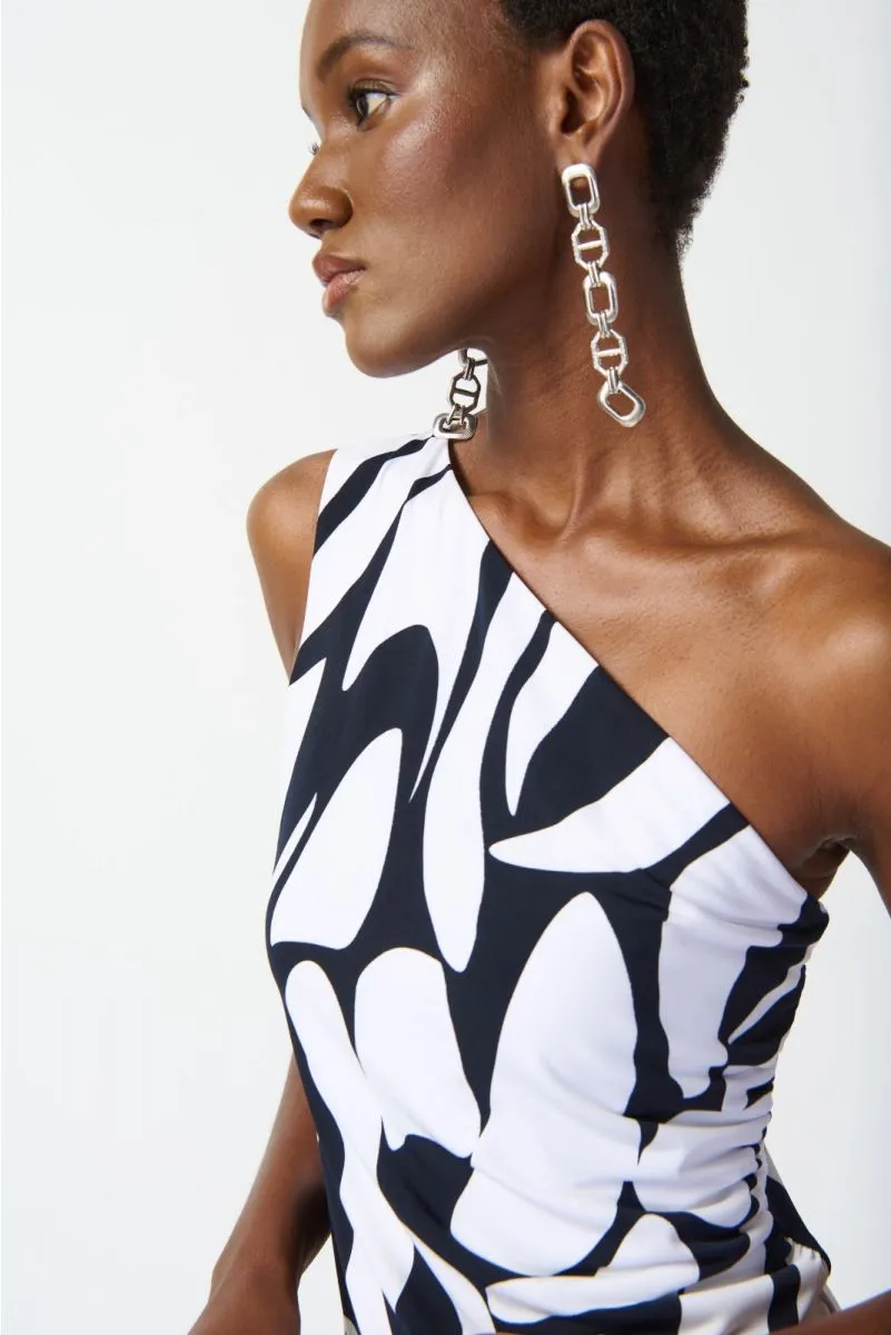 Joseph Ribkoff Midnight Blue/Vanilla Geometric Print One-Shoulder Fitted Top 242108
