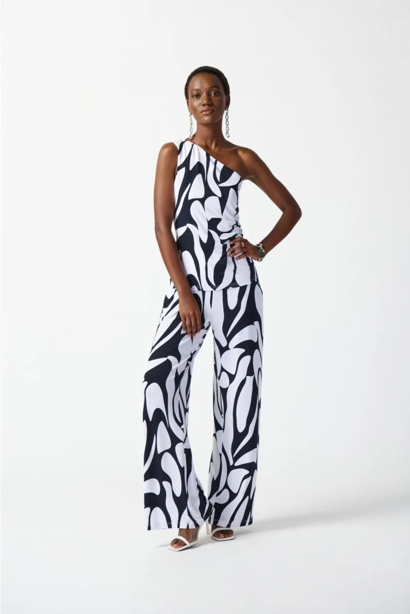 Joseph Ribkoff Midnight Blue/Vanilla Geometric Print One-Shoulder Fitted Top 242108