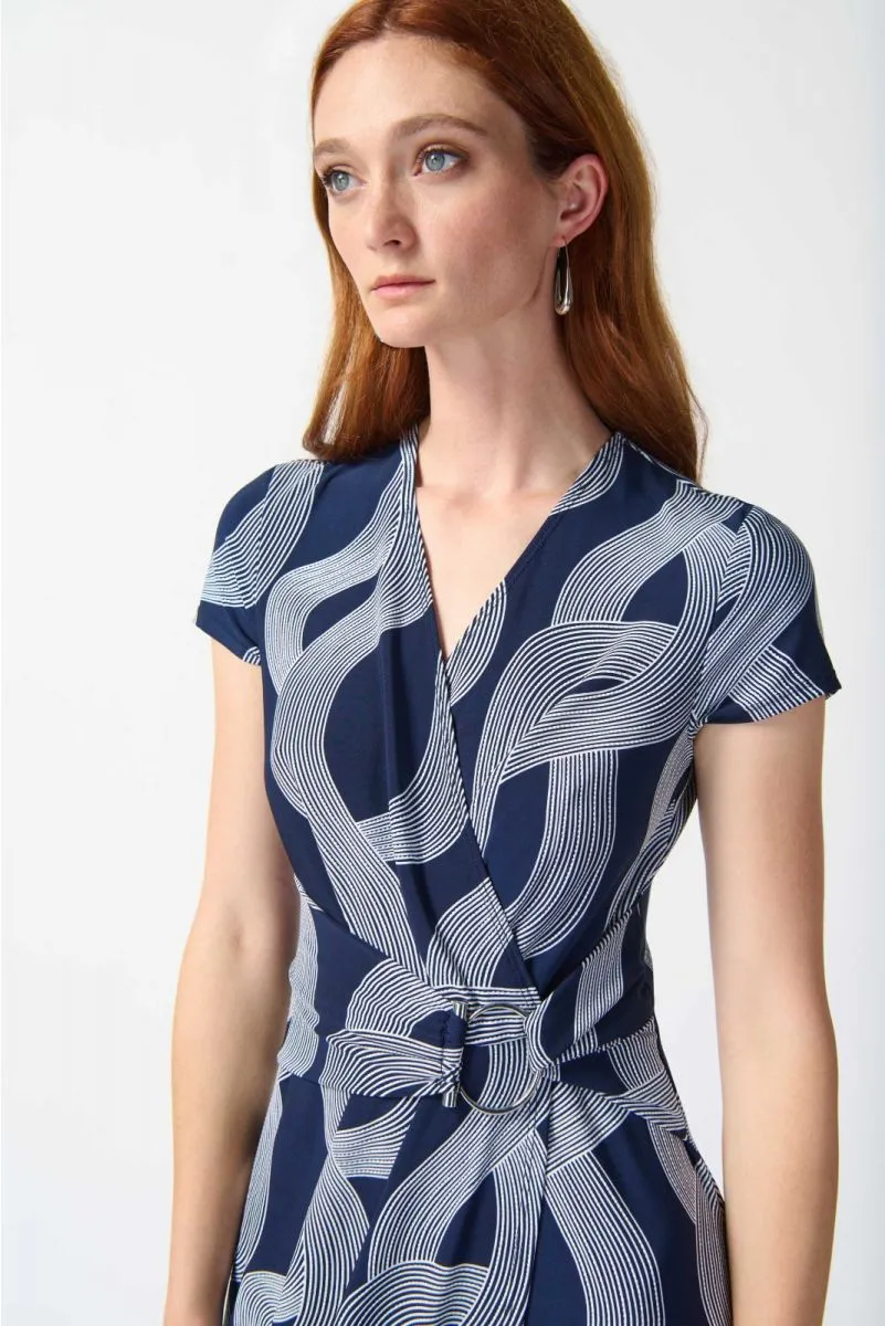 Joseph Ribkoff Midnight Blue/Vanilla Wavy Stripes Faux Wrap Sheath Dress 242023