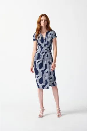 Joseph Ribkoff Midnight Blue/Vanilla Wavy Stripes Faux Wrap Sheath Dress 242023