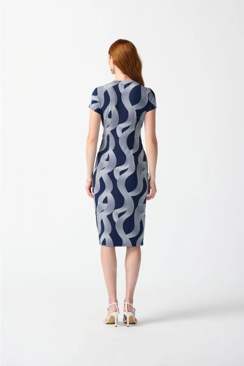 Joseph Ribkoff Midnight Blue/Vanilla Wavy Stripes Faux Wrap Sheath Dress 242023