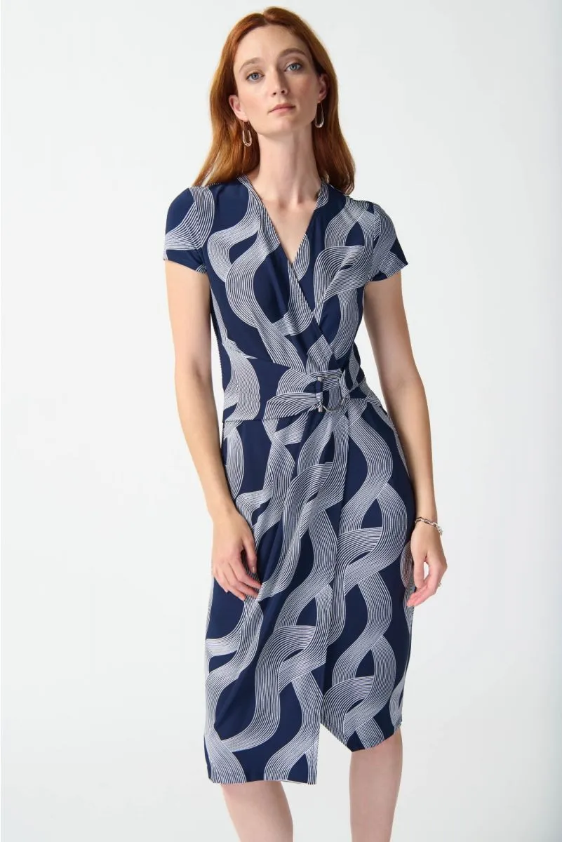 Joseph Ribkoff Midnight Blue/Vanilla Wavy Stripes Faux Wrap Sheath Dress 242023