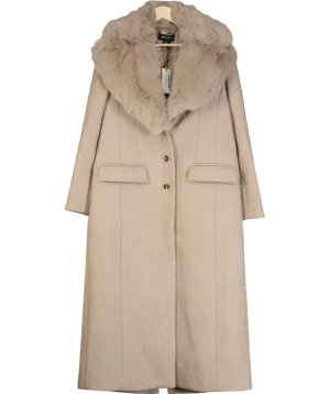 Karen Millen Beige Wool Blend Fur Trim Collar Tailored Midi Coat UK 8