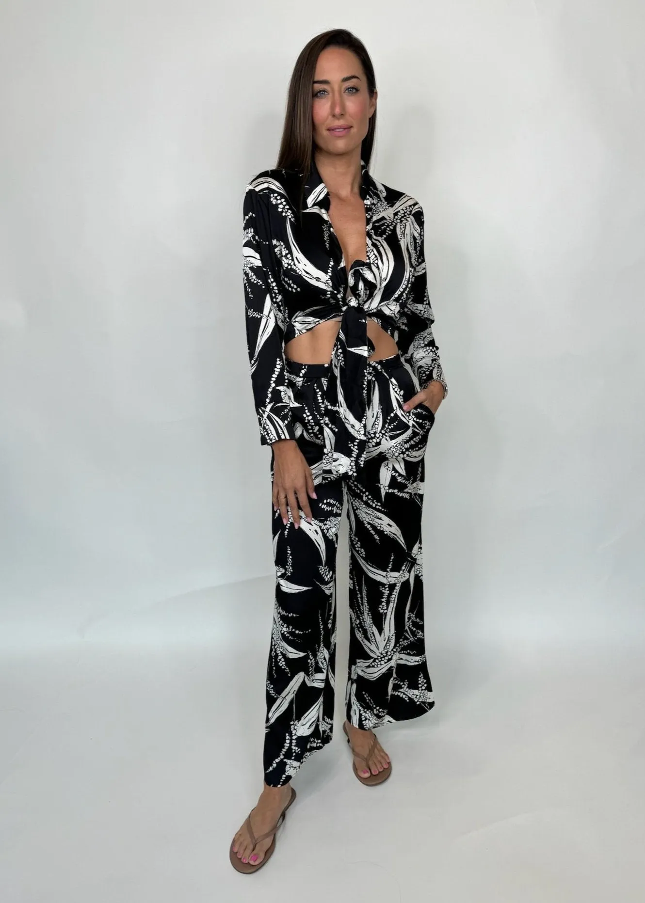 KLD L/S Satin Printed Tie Front Blouse Black
