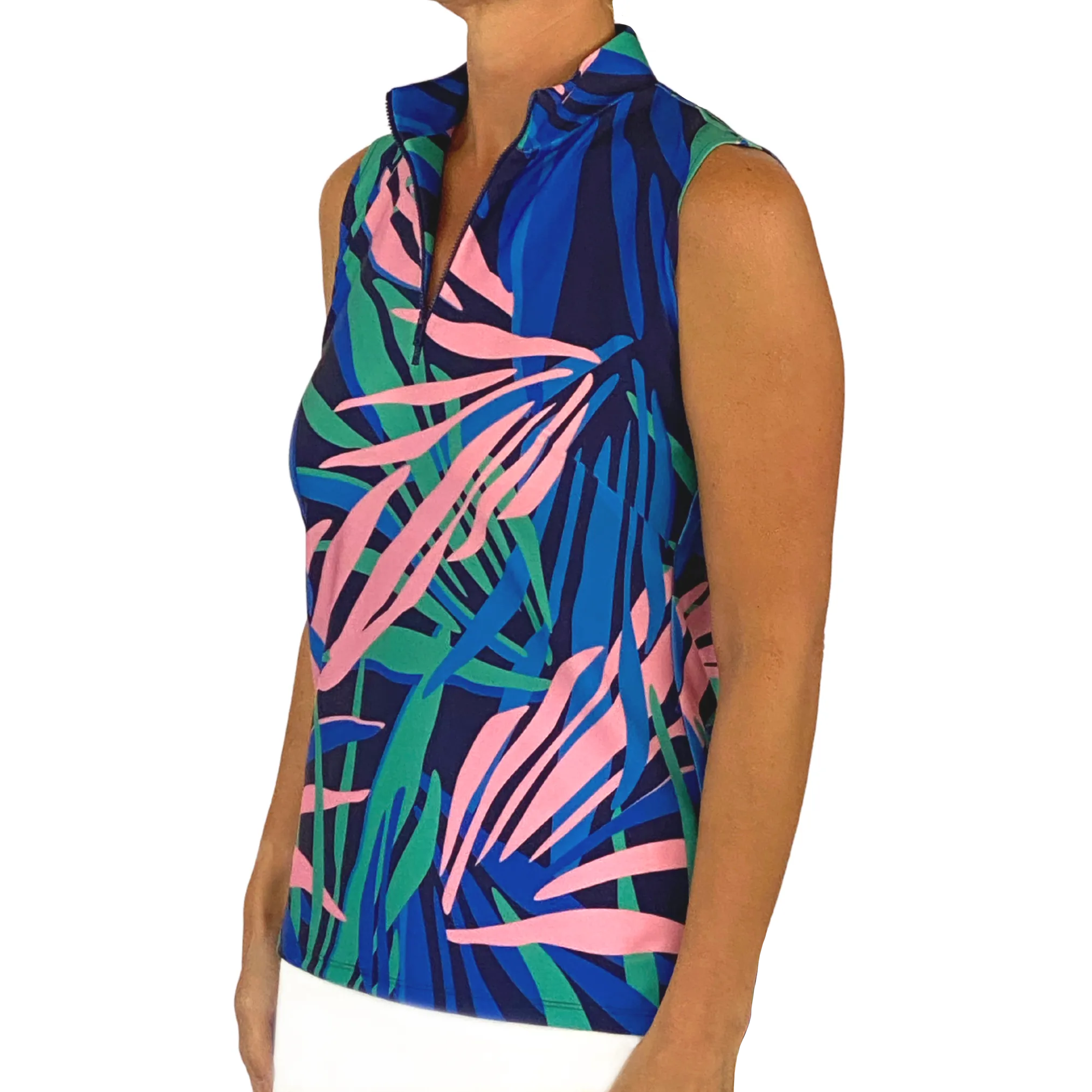 Lenox Sleeveless Top in Tropical Leaves Navy and Pink