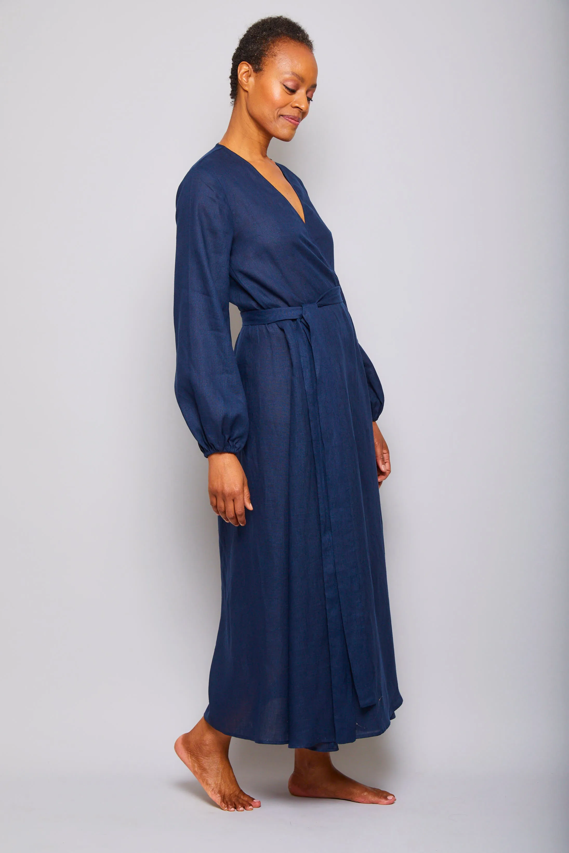 Long Linen Wrap Dress - Navy