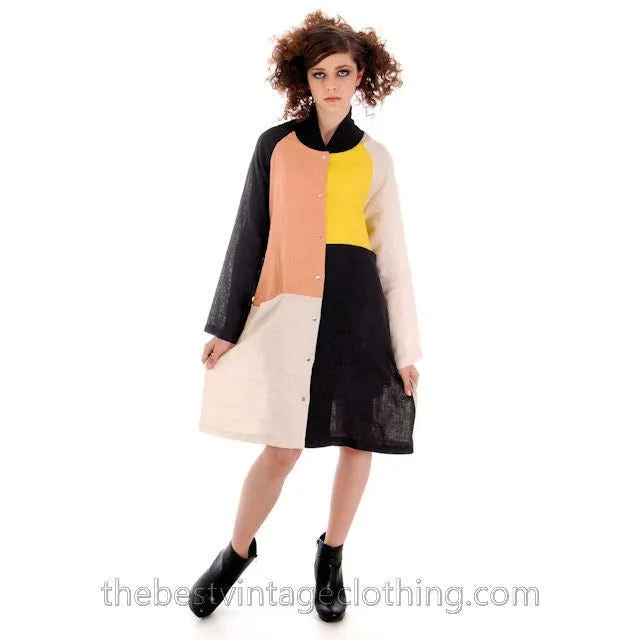 Marimekko Linen Color Block Tent Dress M  Season 2013 Womens Shift Black Yellow