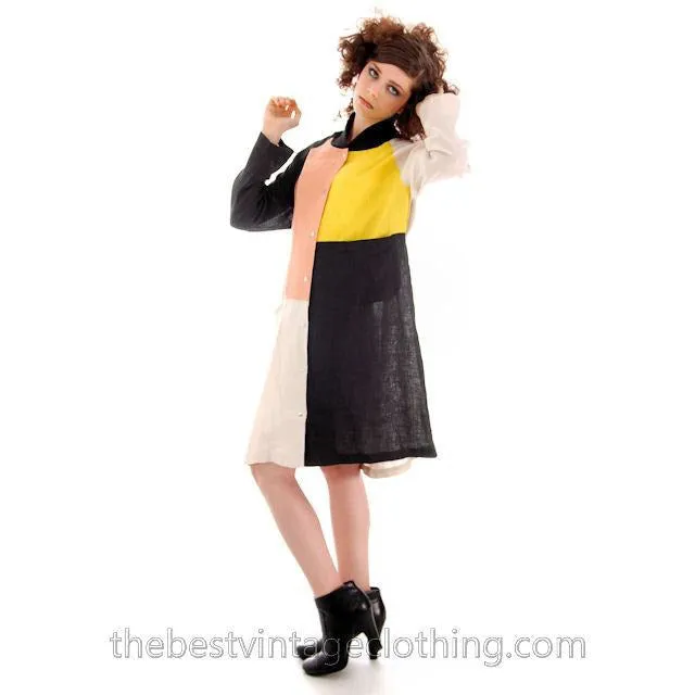 Marimekko Linen Color Block Tent Dress M  Season 2013 Womens Shift Black Yellow