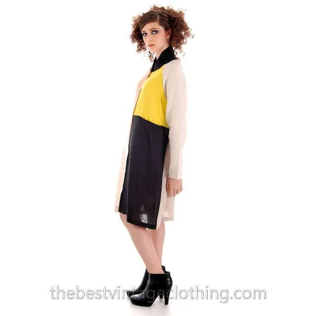 Marimekko Linen Color Block Tent Dress M  Season 2013 Womens Shift Black Yellow