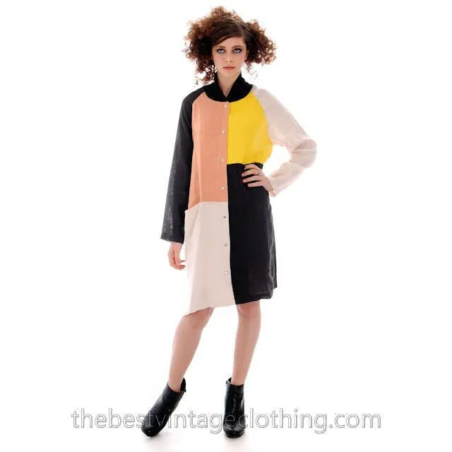 Marimekko Linen Color Block Tent Dress M  Season 2013 Womens Shift Black Yellow