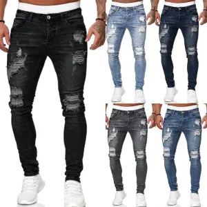 Mens ripped jeans pants slim fit skinny denim distressed skinny jeans