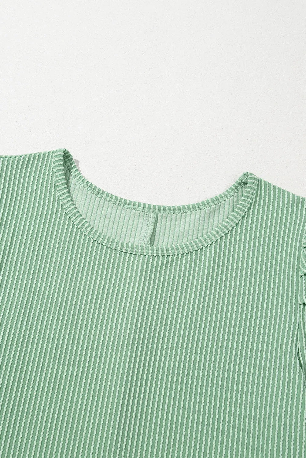 Mint Green Corded Knit Crew Neck Puff Sleeve Shift Mini Dress