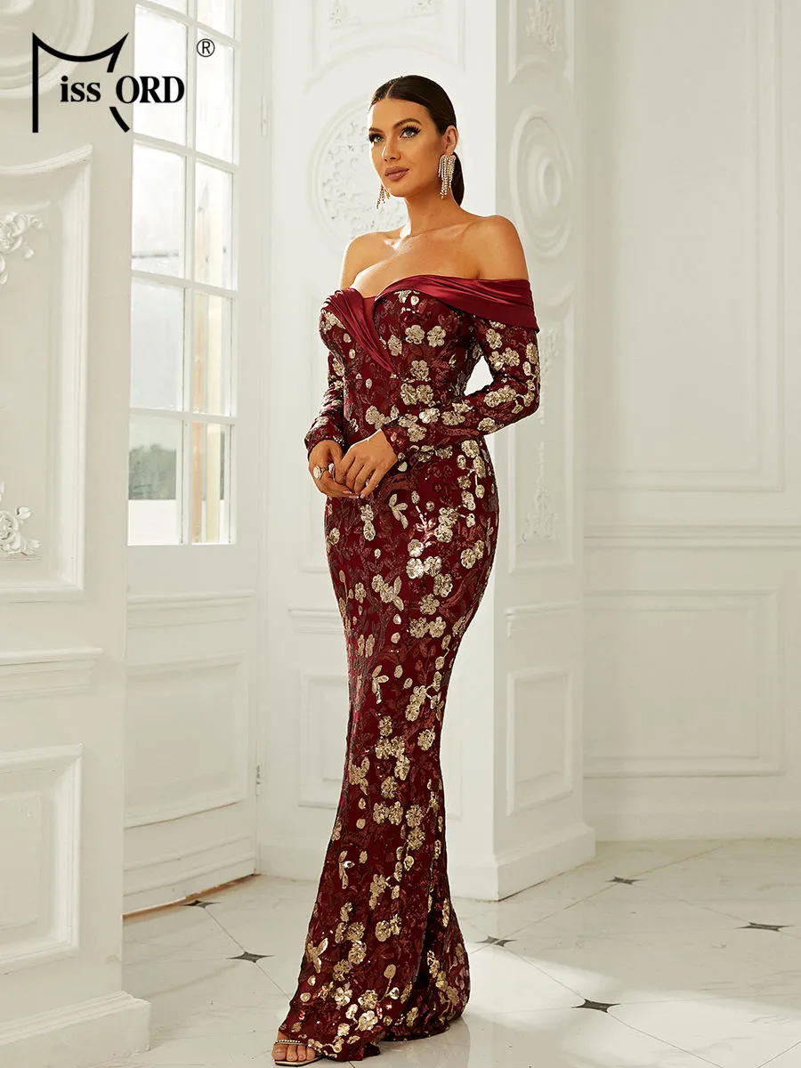 Missord Contrast Sequin Floral Pattern Off Shoulder Dress