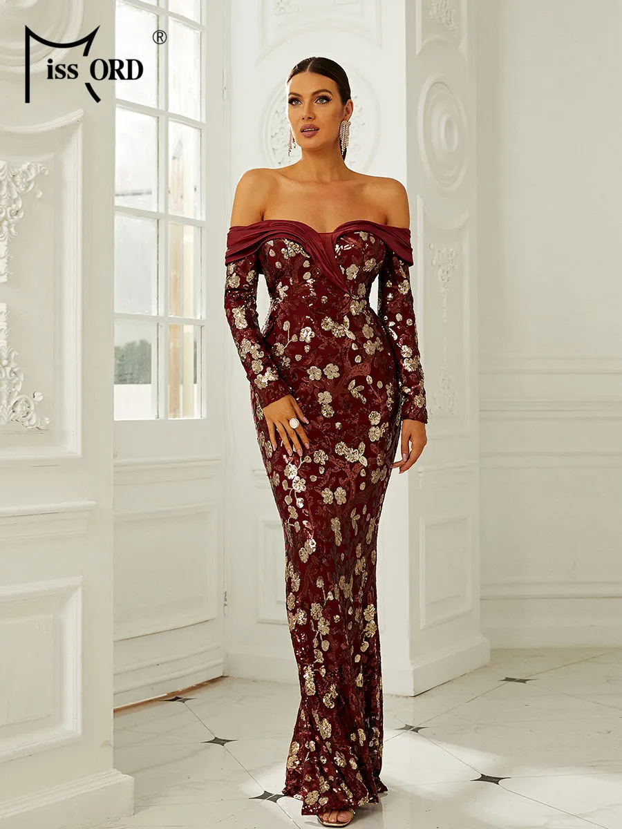 Missord Contrast Sequin Floral Pattern Off Shoulder Dress