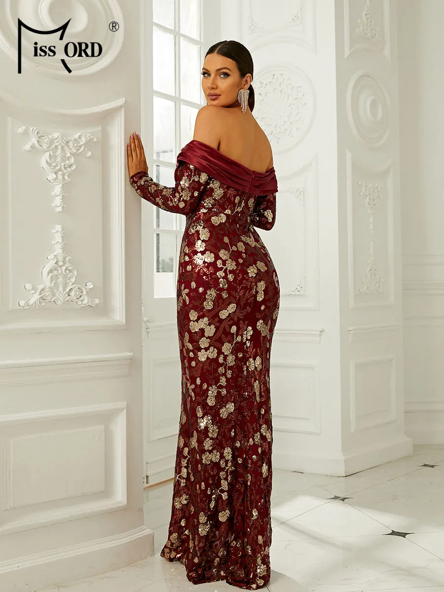 Missord Contrast Sequin Floral Pattern Off Shoulder Dress