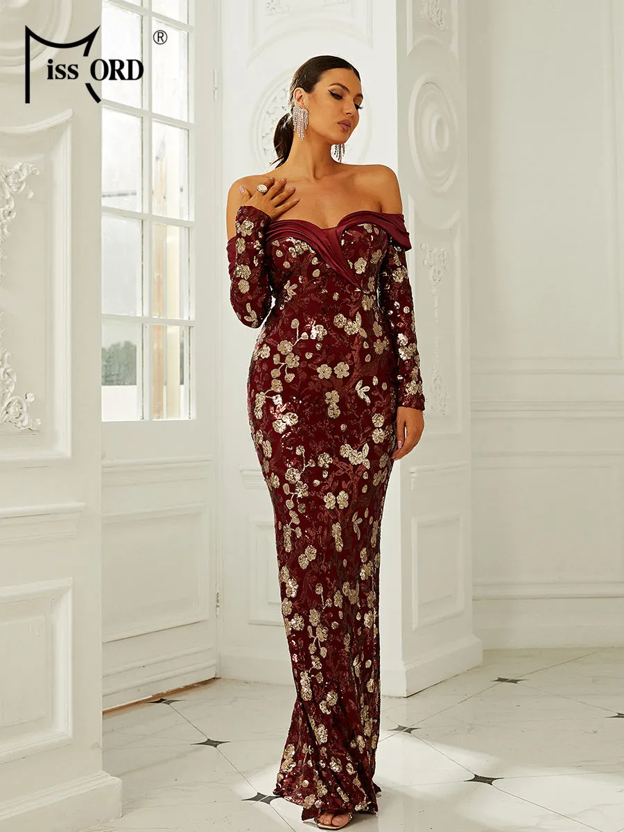 Missord Contrast Sequin Floral Pattern Off Shoulder Dress