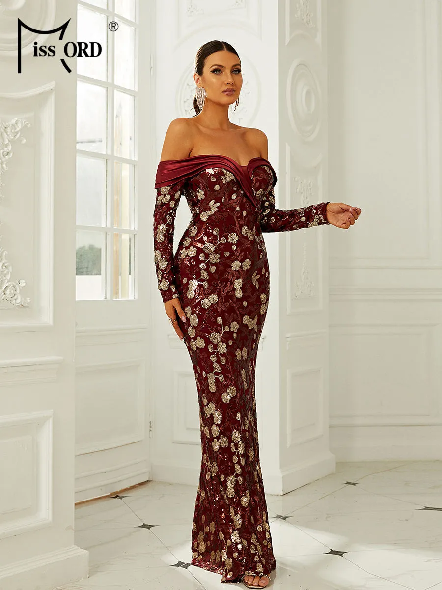Missord Contrast Sequin Floral Pattern Off Shoulder Dress