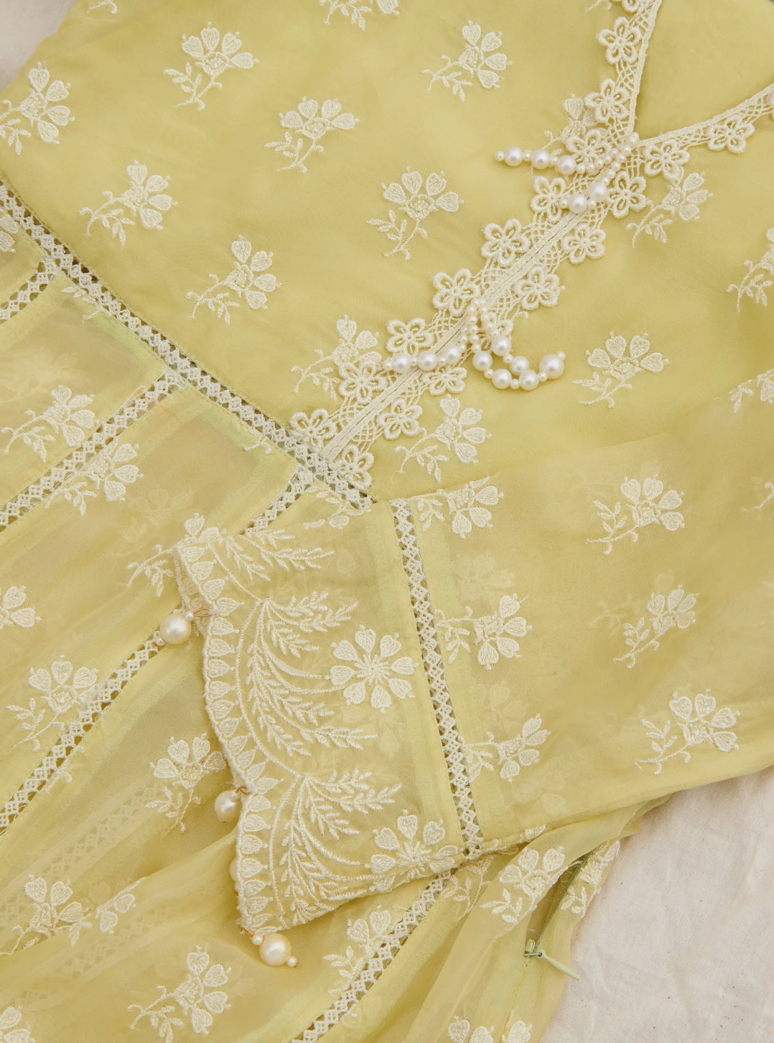 Mulmul Organza Anarkali Surla Lime Kurta With Mulmul Cotton Surla Lime Pant