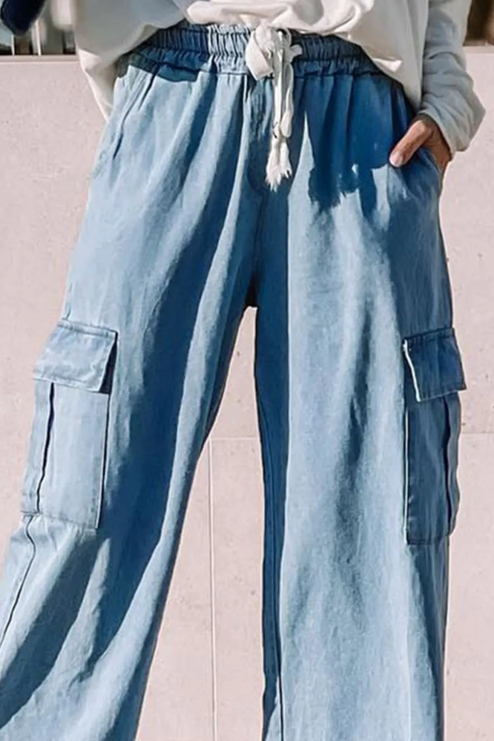 Noria Drawstring Wide Leg Jeans with Pockets