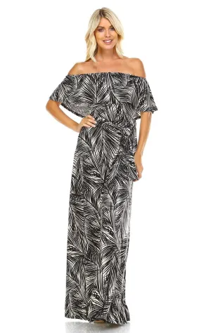 Off The Shoulder Wrap Maxi Dress Jungle Leaves Black White