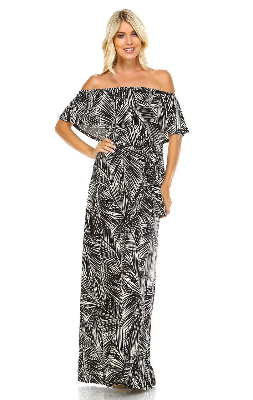 Off The Shoulder Wrap Maxi Dress Jungle Leaves Black White