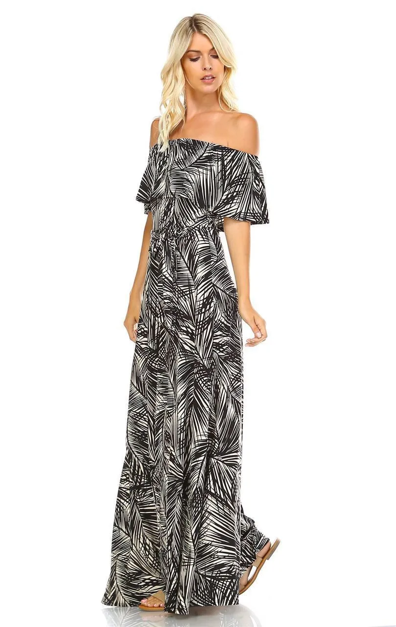 Off The Shoulder Wrap Maxi Dress Jungle Leaves Black White