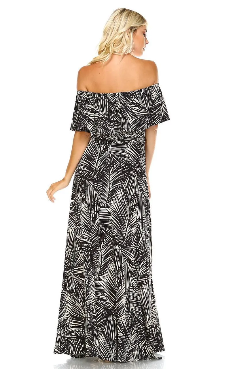 Off The Shoulder Wrap Maxi Dress Jungle Leaves Black White