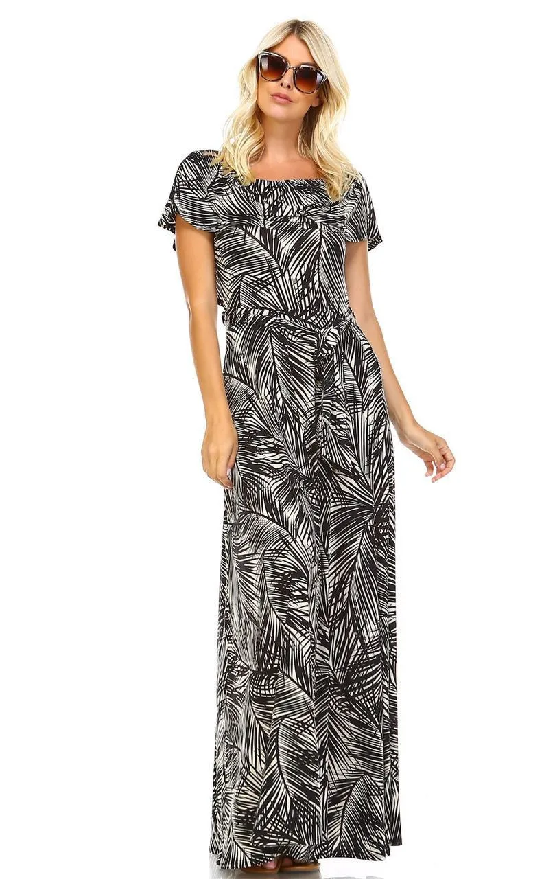 Off The Shoulder Wrap Maxi Dress Jungle Leaves Black White