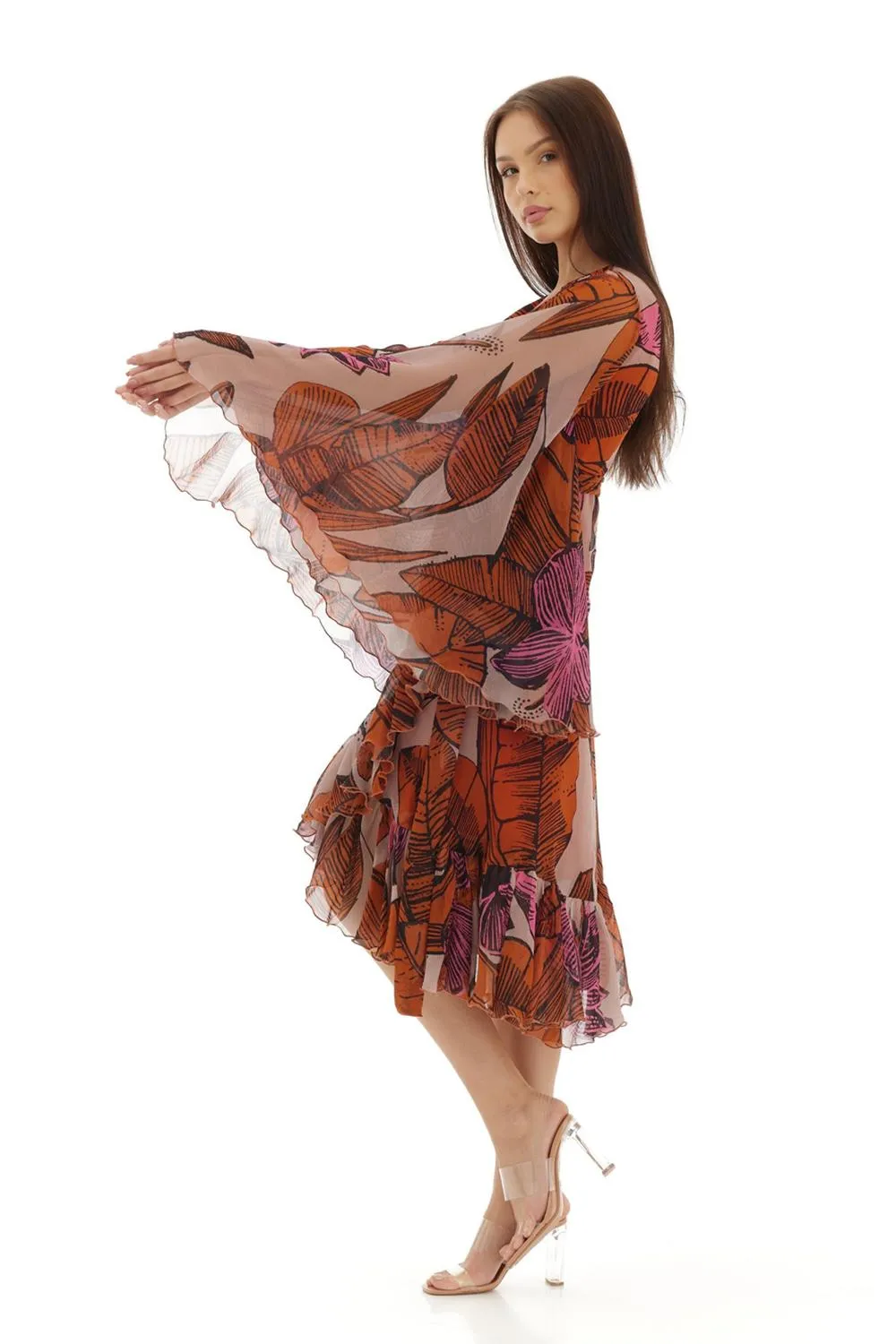 Orange & Beige Floral Wrap Dress