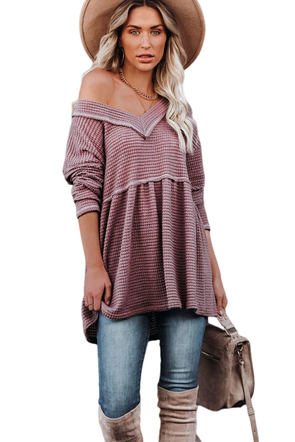 Pink Waffle Knit V Neck Long Sleeve Peplum Tunic