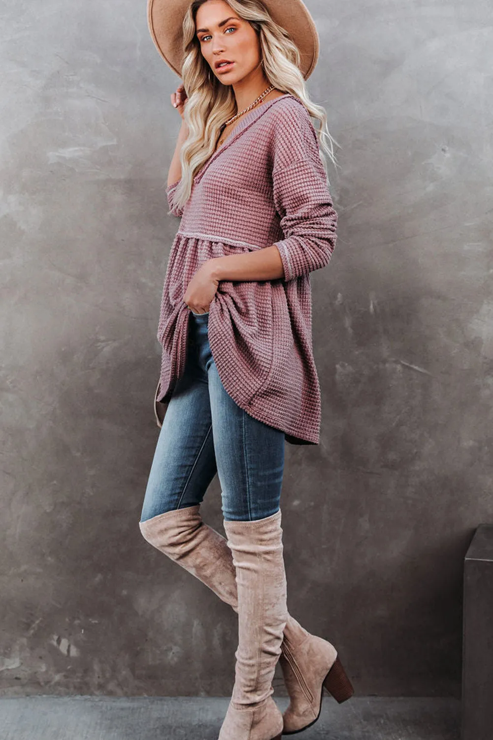 Pink Waffle Knit V Neck Long Sleeve Peplum Tunic