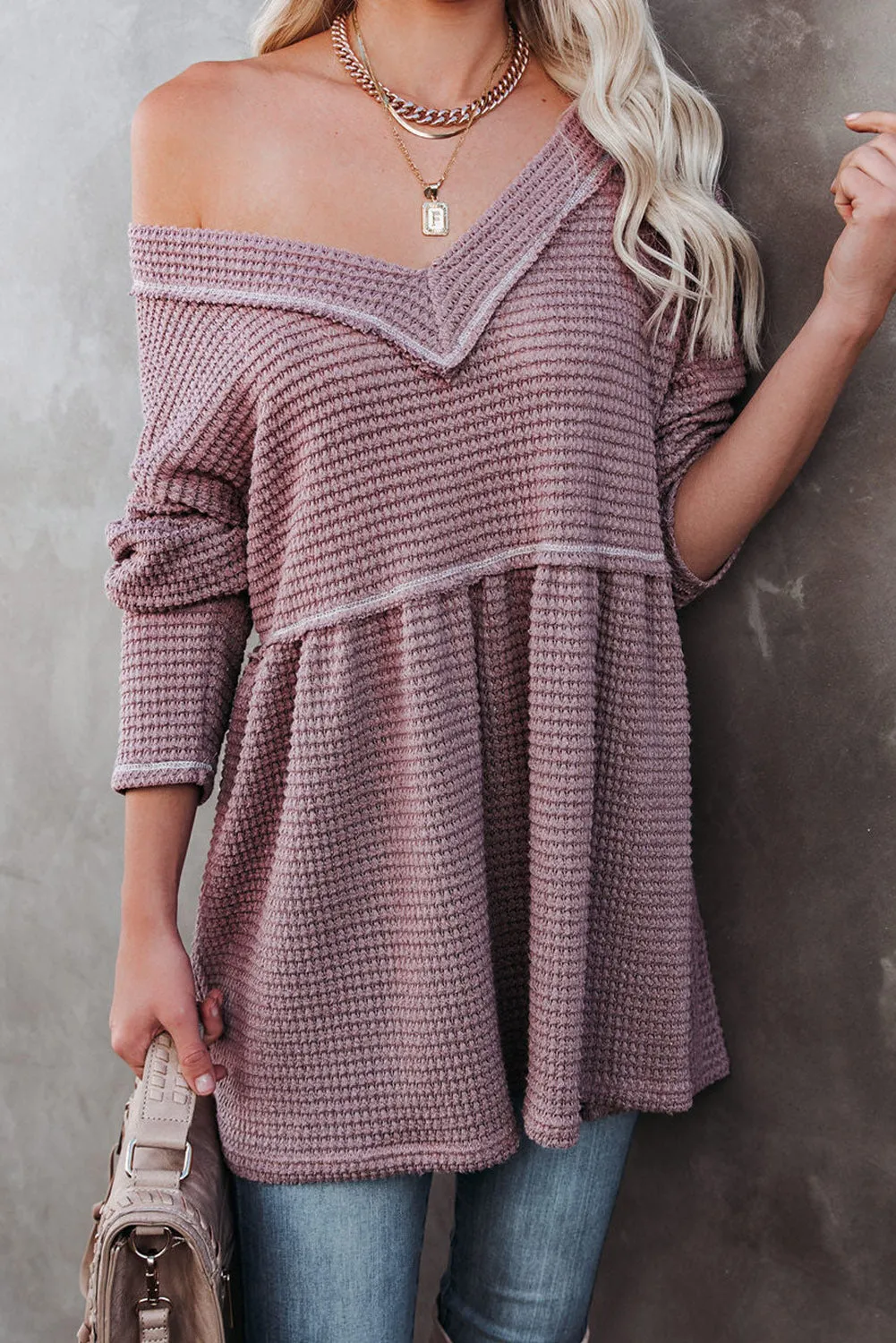 Pink Waffle Knit V Neck Long Sleeve Peplum Tunic