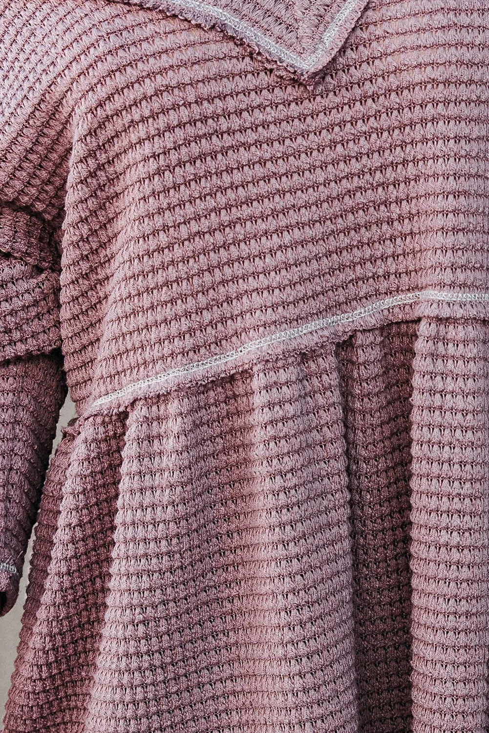Pink Waffle Knit V Neck Long Sleeve Peplum Tunic