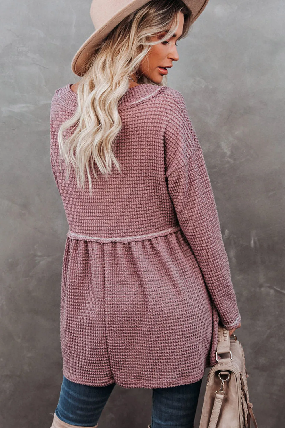 Pink Waffle Knit V Neck Long Sleeve Peplum Tunic