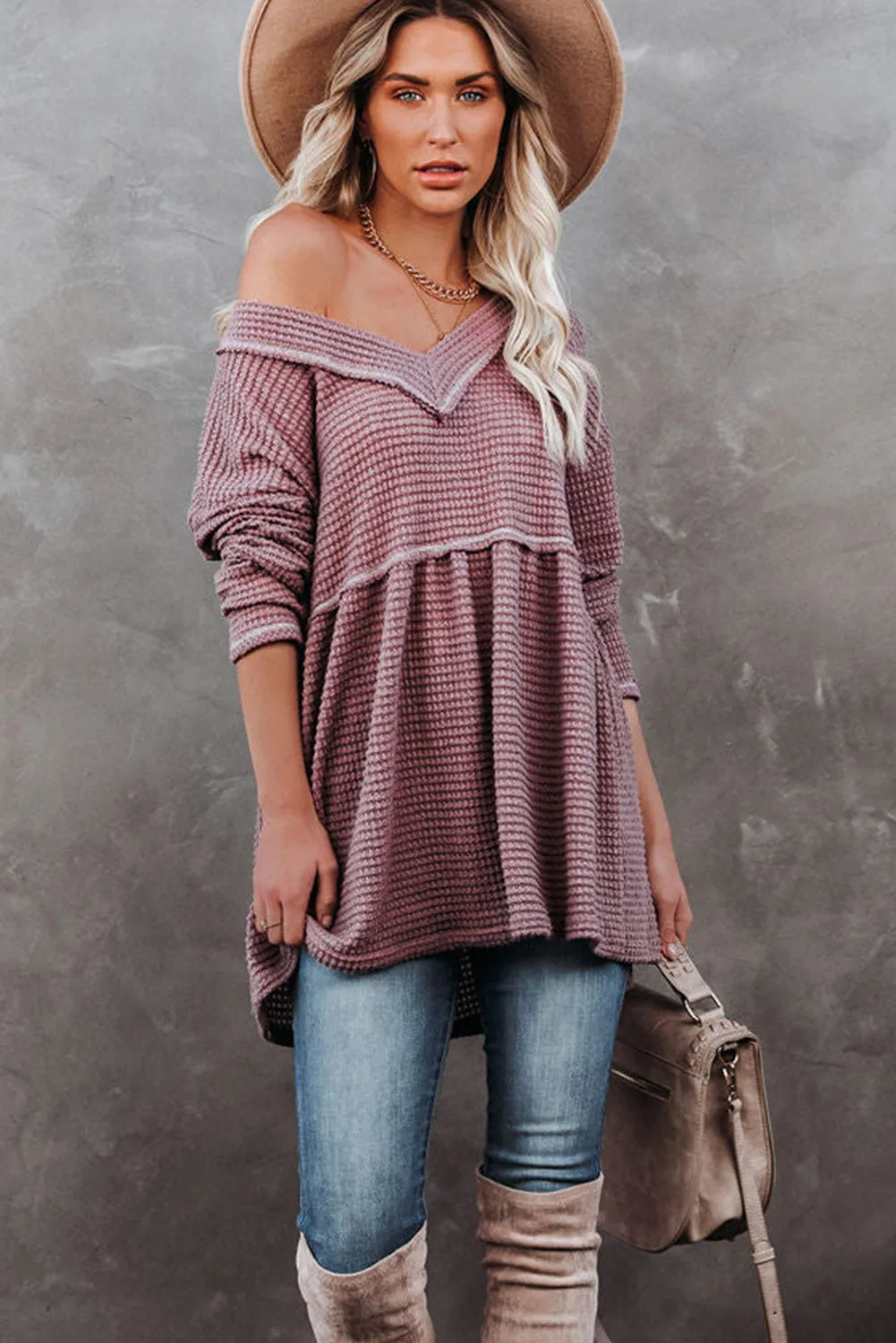 Pink Waffle Knit V Neck Long Sleeve Peplum Tunic