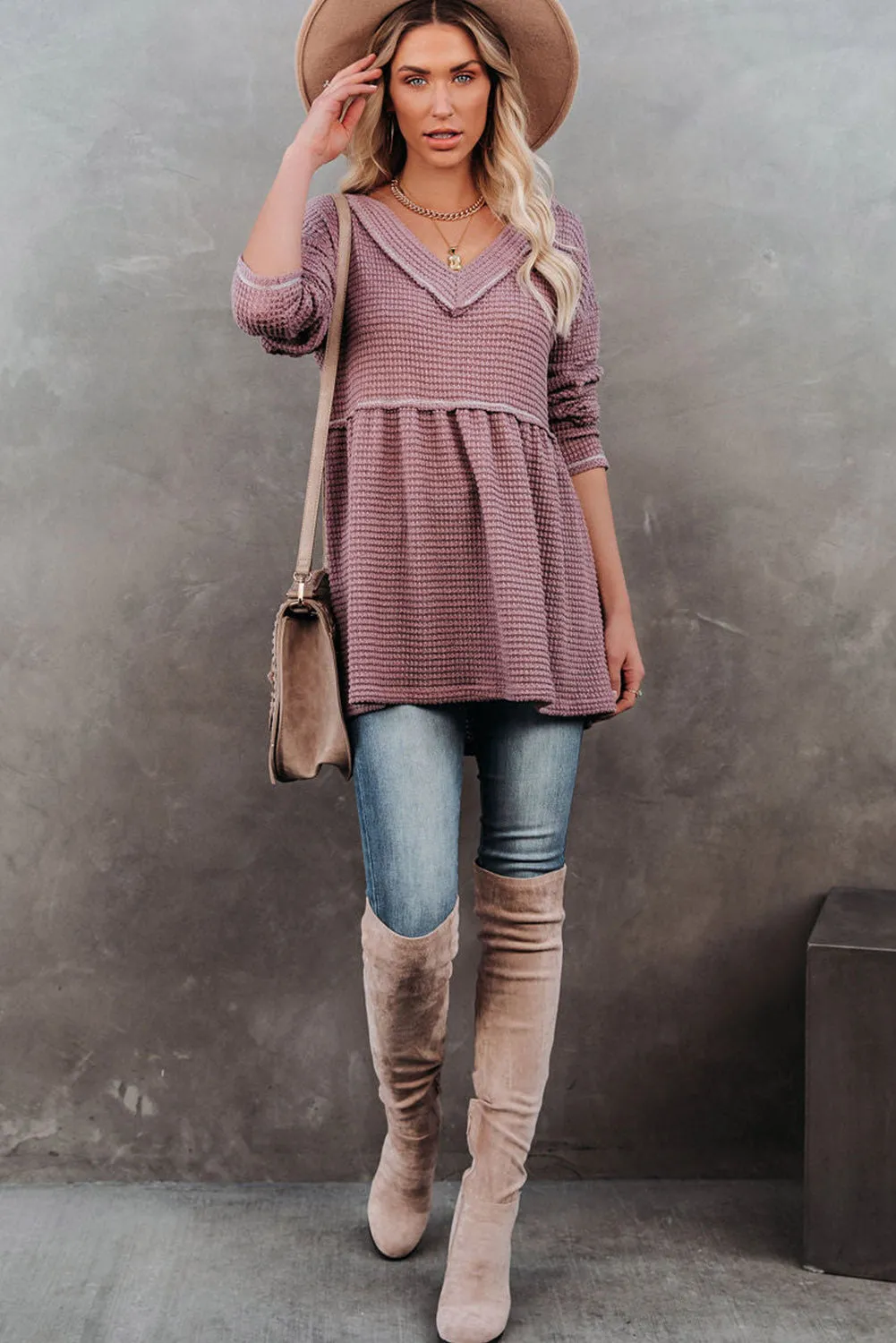 Pink Waffle Knit V Neck Long Sleeve Peplum Tunic