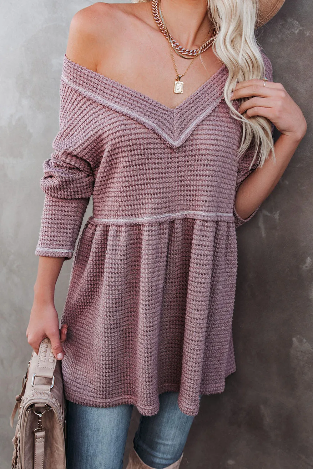Pink Waffle Knit V Neck Long Sleeve Peplum Tunic