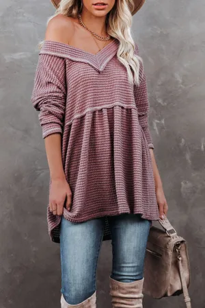 Pink Waffle Knit V Neck Long Sleeve Peplum Tunic