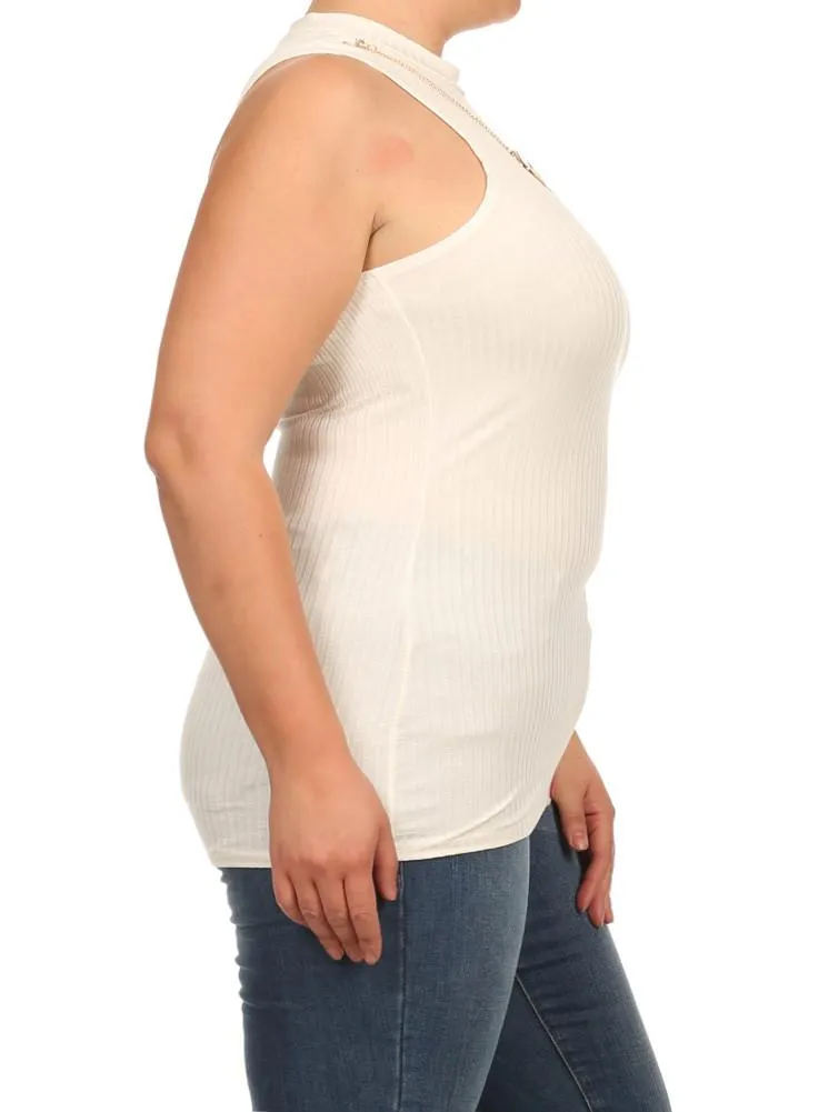 Plus Size Gem Mock Turtle Neck Ribbed Off White Top
