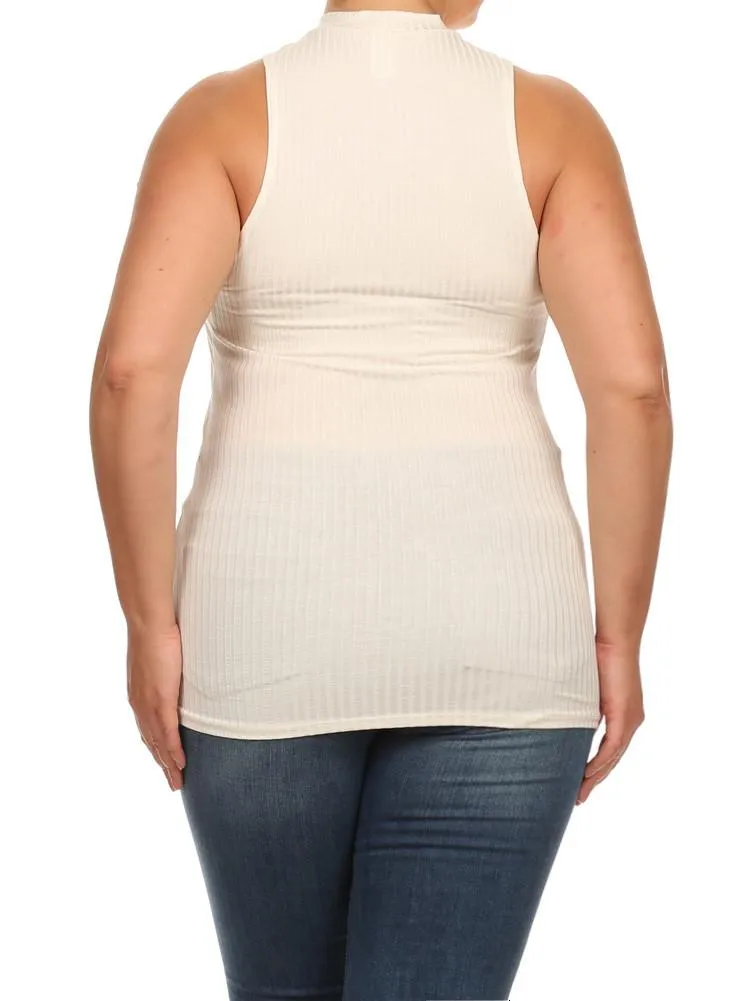 Plus Size Gem Mock Turtle Neck Ribbed Off White Top