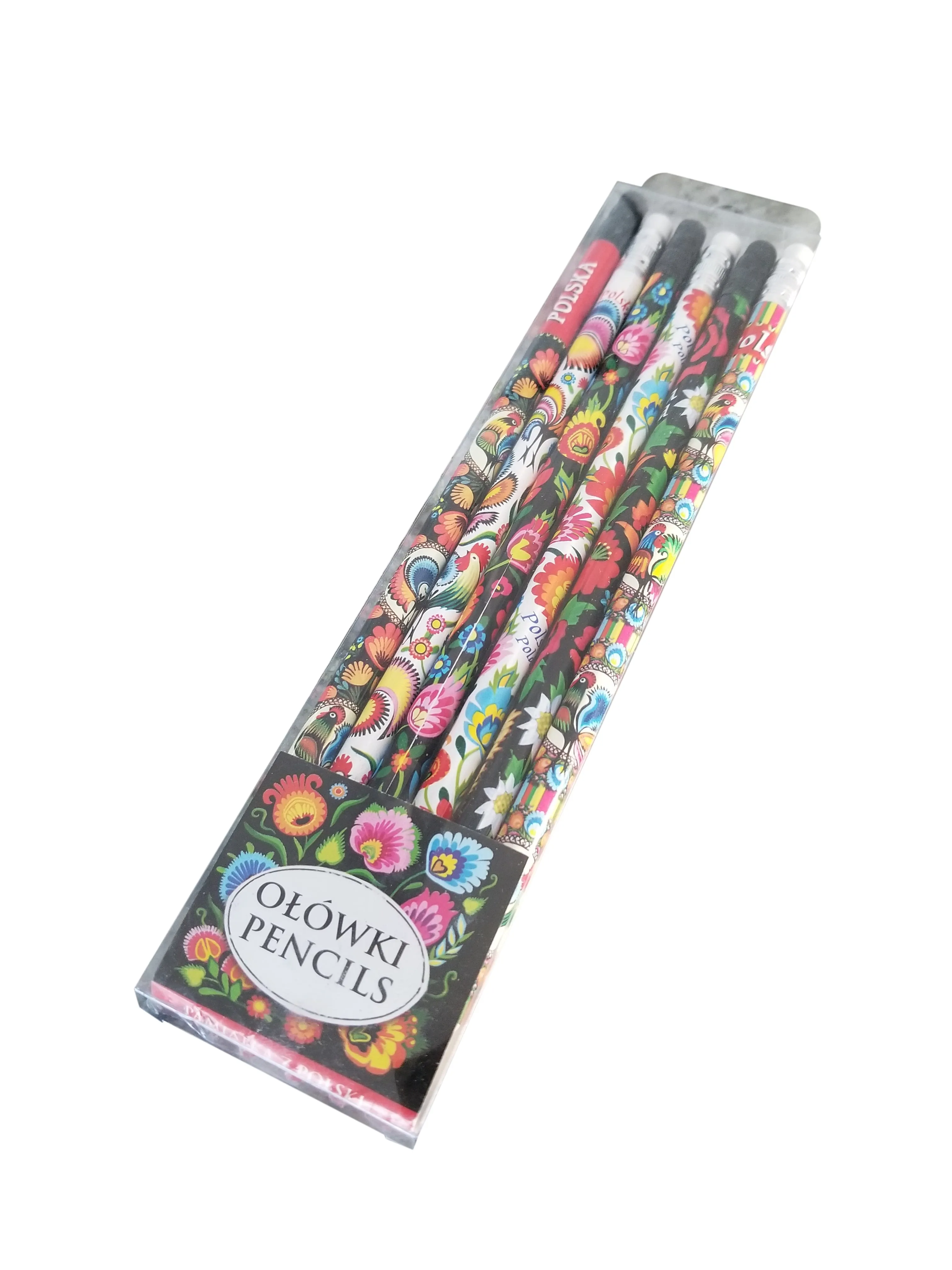 Polish Folk Art Lowicz Roosters Wood Pencils with Eraser, Set of 6 in a box