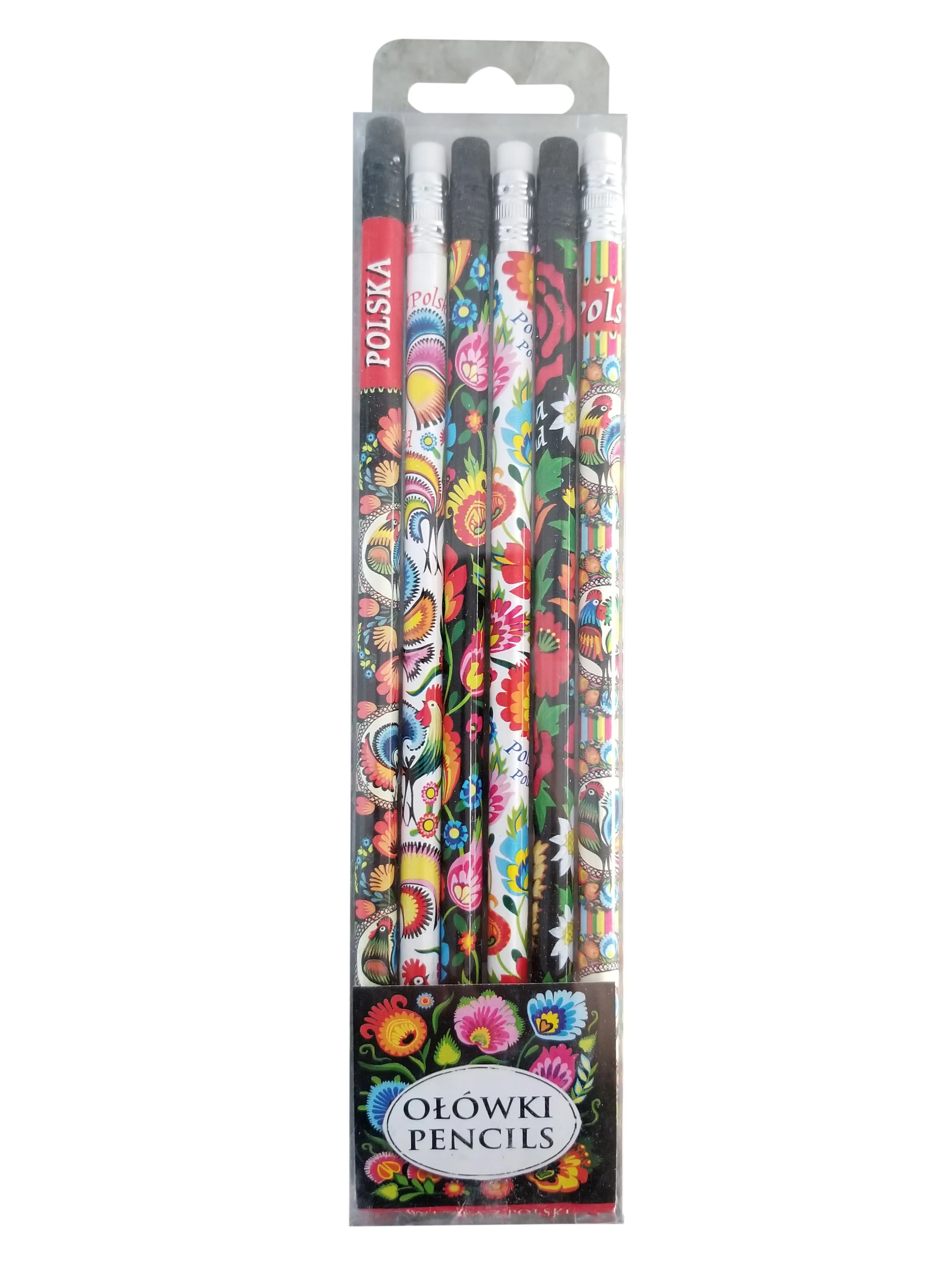 Polish Folk Art Lowicz Roosters Wood Pencils with Eraser, Set of 6 in a box