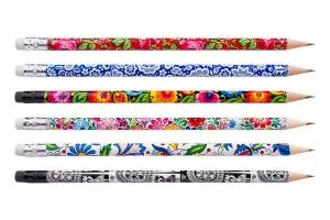 Polish Folk Art Wood Pencils with Eraser, Set of 6 in a box